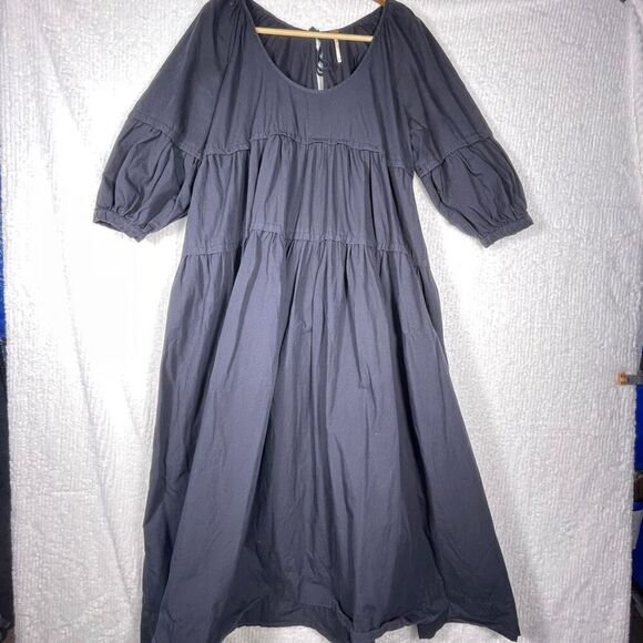 Free People Black Poplin Tiered Balloon Sleeve Midi Dress Small Petite - Picture 1 of 6